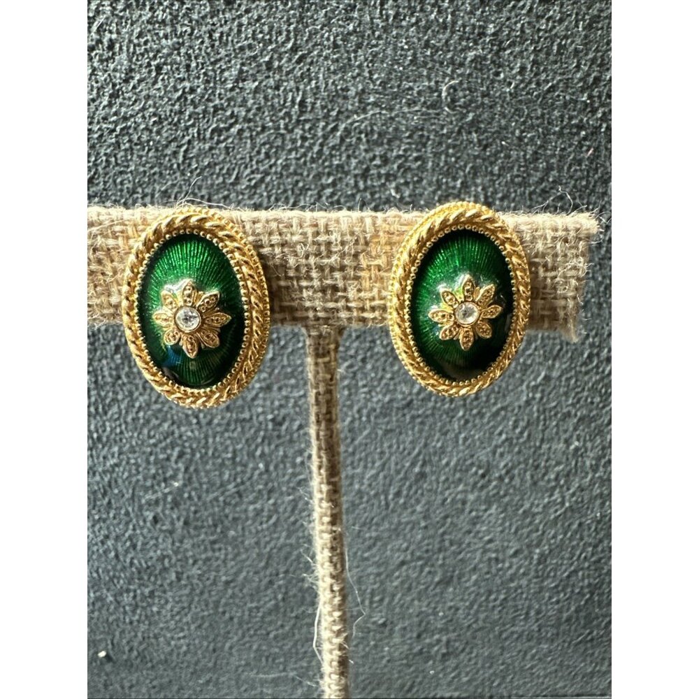 Vtg Avon Earrings Gold Tone Oval Green Enamel Clear Rhinestone Floral Clip